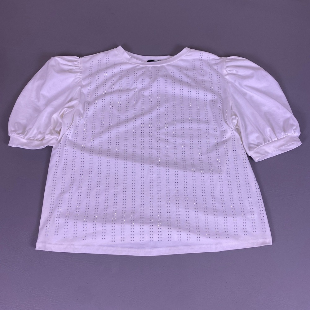 On Twelfth Top Women's‎ Plus Size 2X White Rhinestone Studded Puff Sleeve